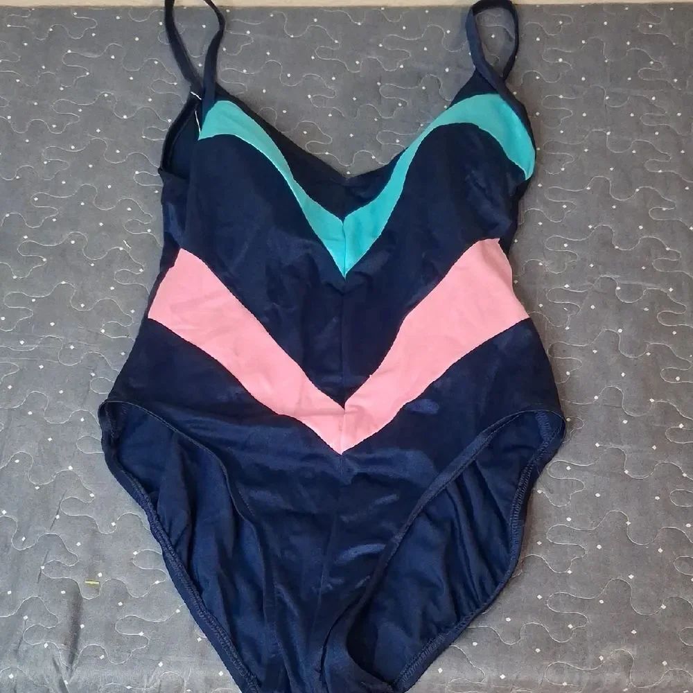 Navy One-Piece Swimsuit with Teal and Pink Chevron Accents